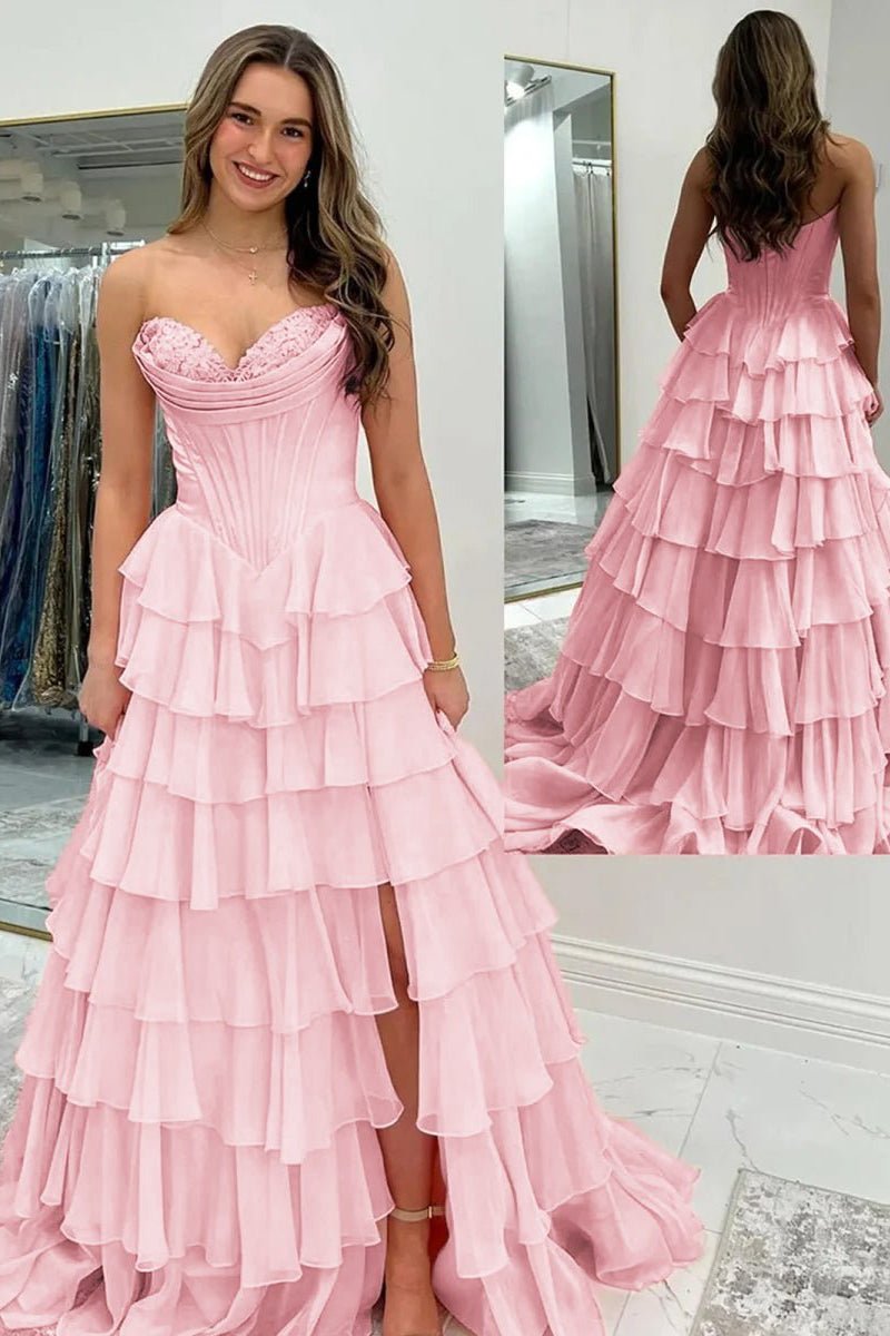 Strapless Chiffon Flowing Prom Dress
