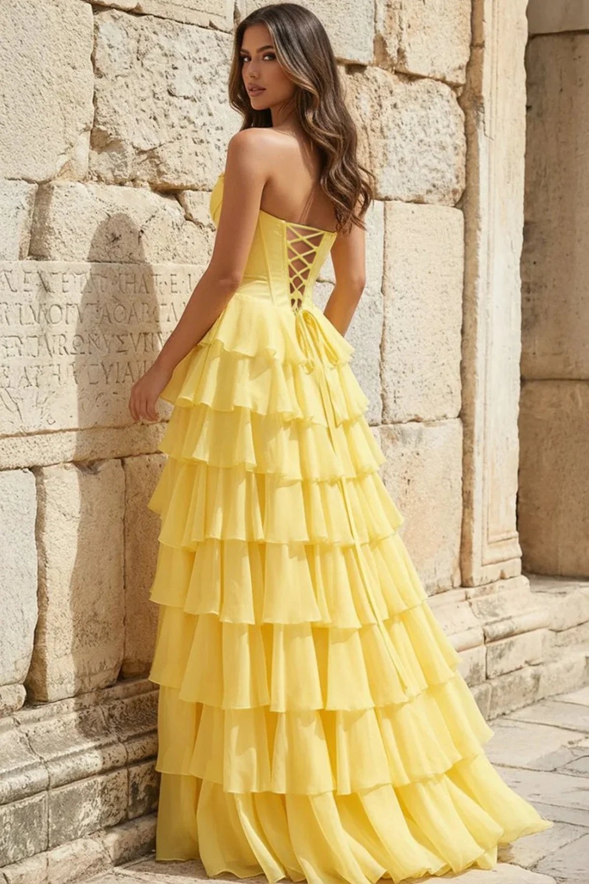 Strapless Chiffon Flowing Prom Dress