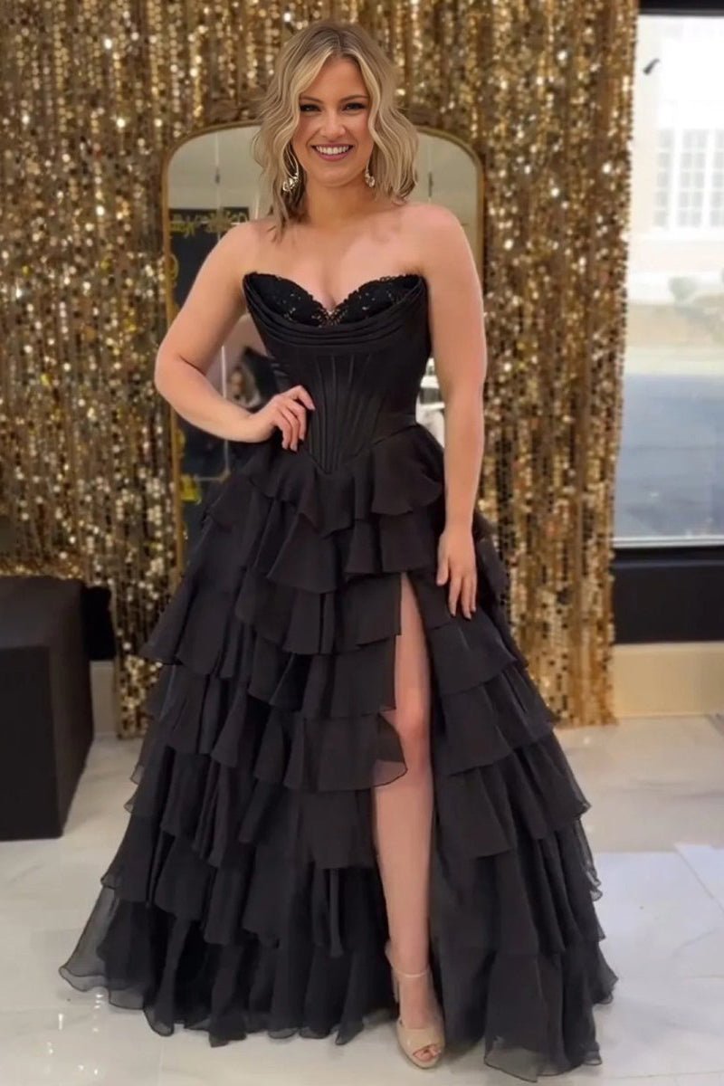 Strapless Chiffon Flowing Prom Dress