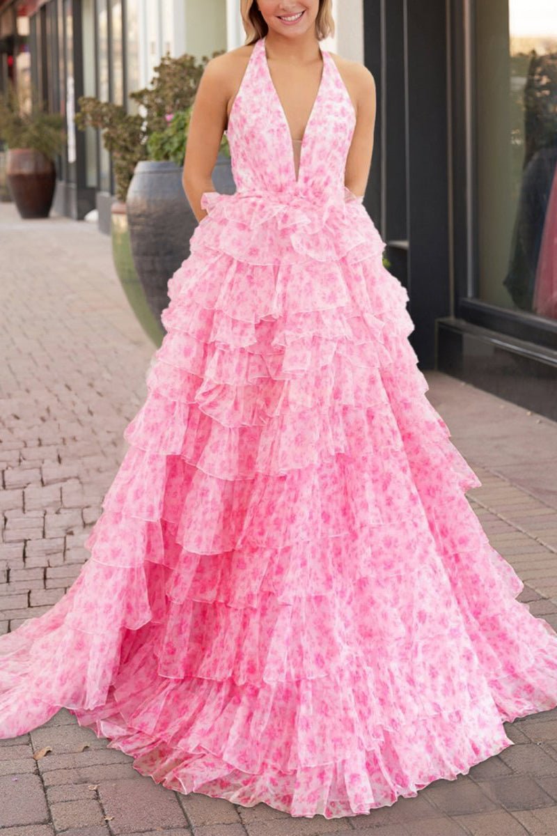 V-Neck Satin Slit Prom Dress