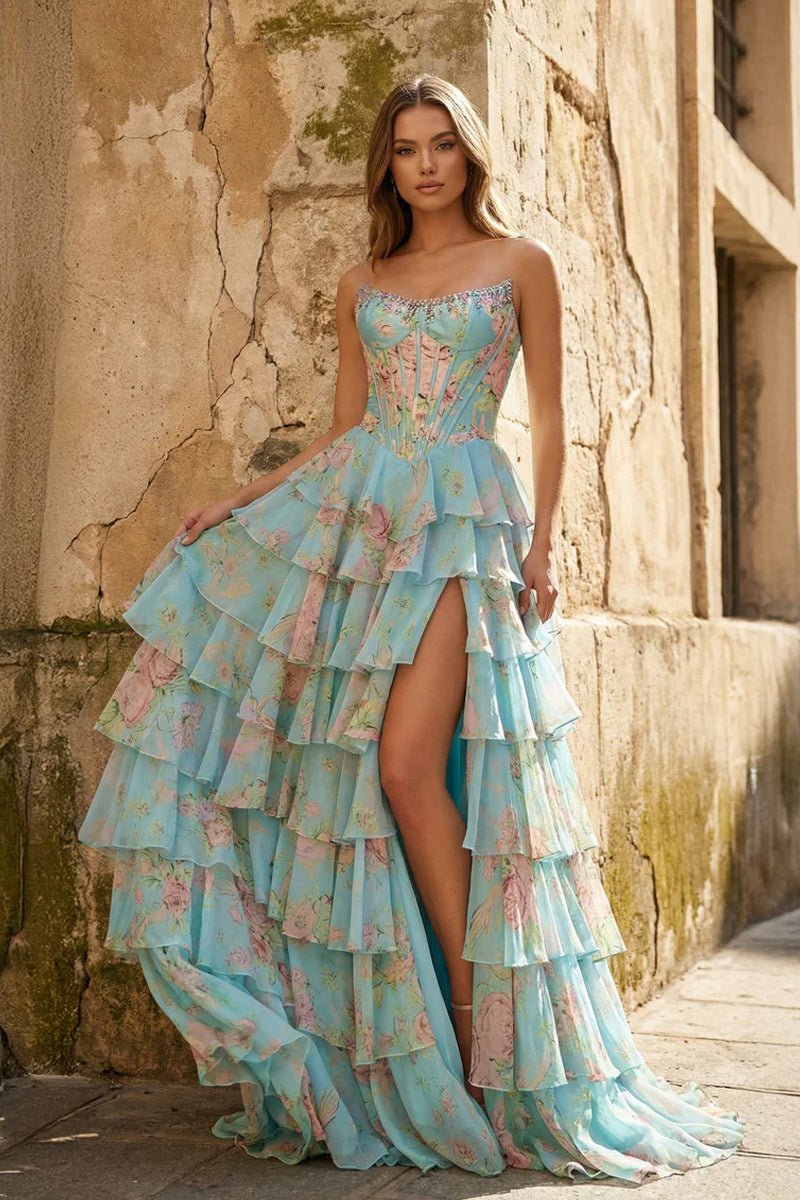 V-Neck Satin Slit Prom Dress