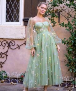 Sweetheart Embroidery Tea-Length Tulle Puff Sleeves Floral Corset Prom Dress